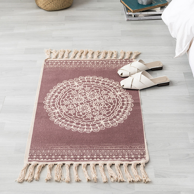 Skorter | Ethnic geometric pattern rug Multi-color cotton blend area rug machine washable handwoven rug with fringes for room