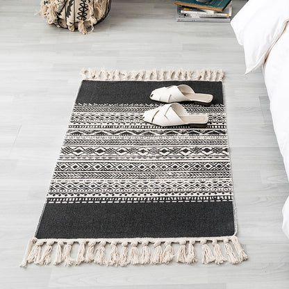 Skorter | Ethnic geometric pattern rug Multi-color cotton blend area rug machine washable handwoven rug with fringes for room