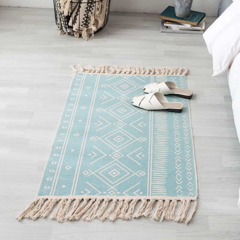 Skorter | Ethnic geometric pattern rug Multi-color cotton blend area rug machine washable handwoven rug with fringes for room