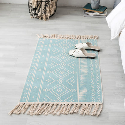 Skorter | Ethnic geometric pattern rug Multi-color cotton blend area rug machine washable handwoven rug with fringes for room