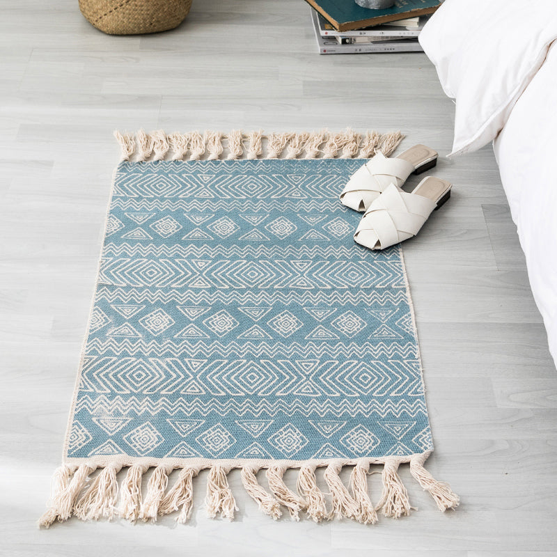 Skorter | Ethnic geometric pattern rug Multi-color cotton blend area rug machine washable handwoven rug with fringes for room