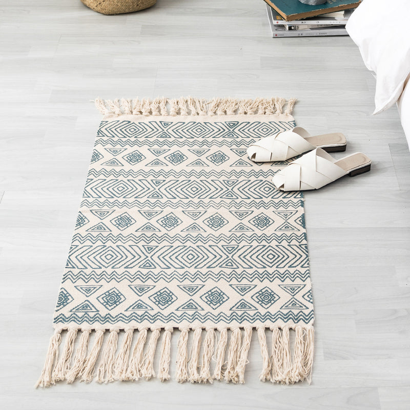 Skorter | Ethnic geometric pattern rug Multi-color cotton blend area rug machine washable handwoven rug with fringes for room