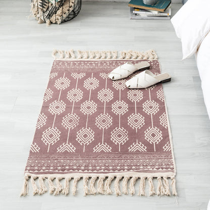 Skorter | Ethnic geometric pattern rug Multi-color cotton blend area rug machine washable handwoven rug with fringes for room
