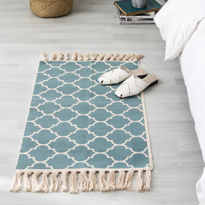 Skorter | Ethnic geometric pattern rug Multi-color cotton blend area rug machine washable handwoven rug with fringes for room