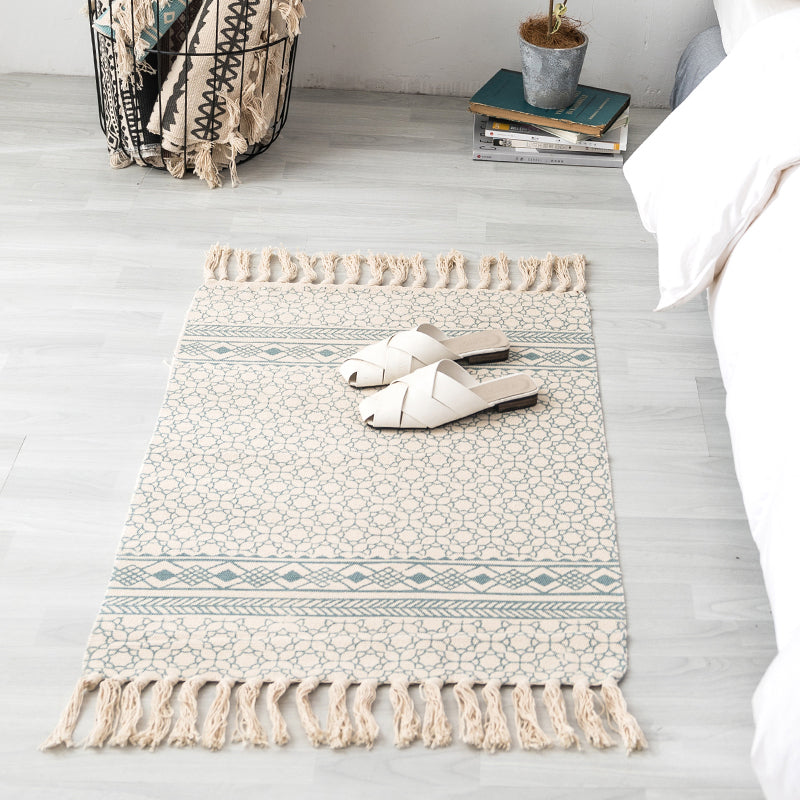 Skorter | Ethnic geometric pattern rug Multi-color cotton blend area rug machine washable handwoven rug with fringes for room