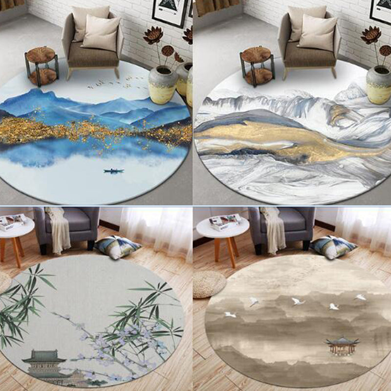 Skorter | Chinese Landscape Print Rug Multicolor Polypropylene Rug Anti-Skid Back Stain Resistant Pet Friendly Rug for the Living Room