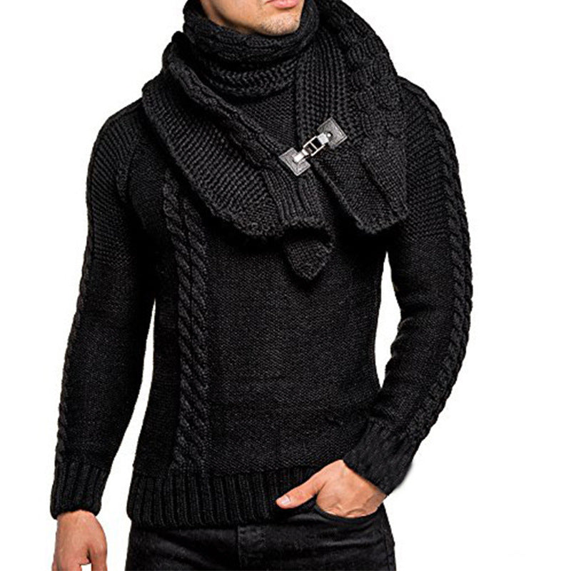 Men's stylish knitted sweater with chic collar and practical scarf Skorter