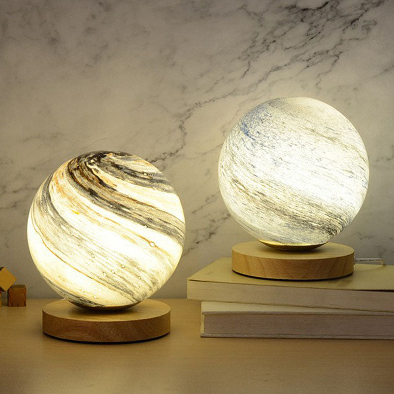 Skorter | Glass Planet Mini Night Light - Postmodern Table Lamp with Wooden Base