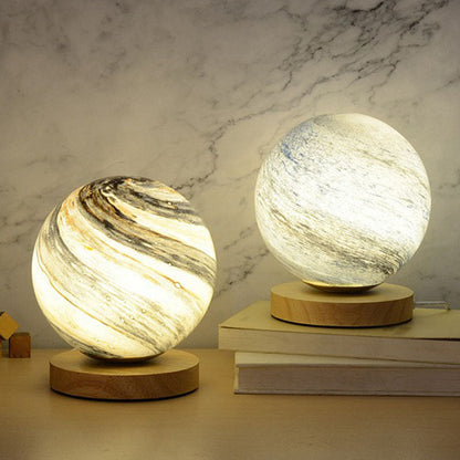 Skorter | Glass Planet Mini Night Light - Postmodern Table Lamp with Wooden Base