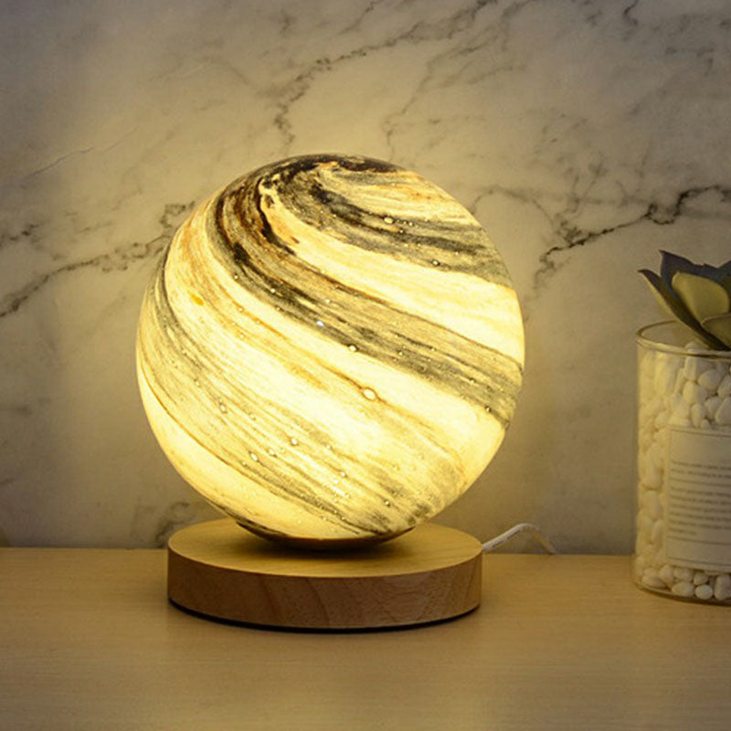 Skorter | Glass Planet Mini Night Light - Postmodern Table Lamp with Wooden Base