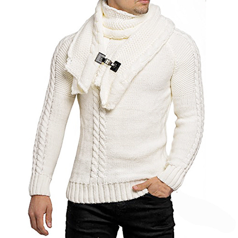 Men's stylish knitted sweater with chic collar and practical scarf Skorter