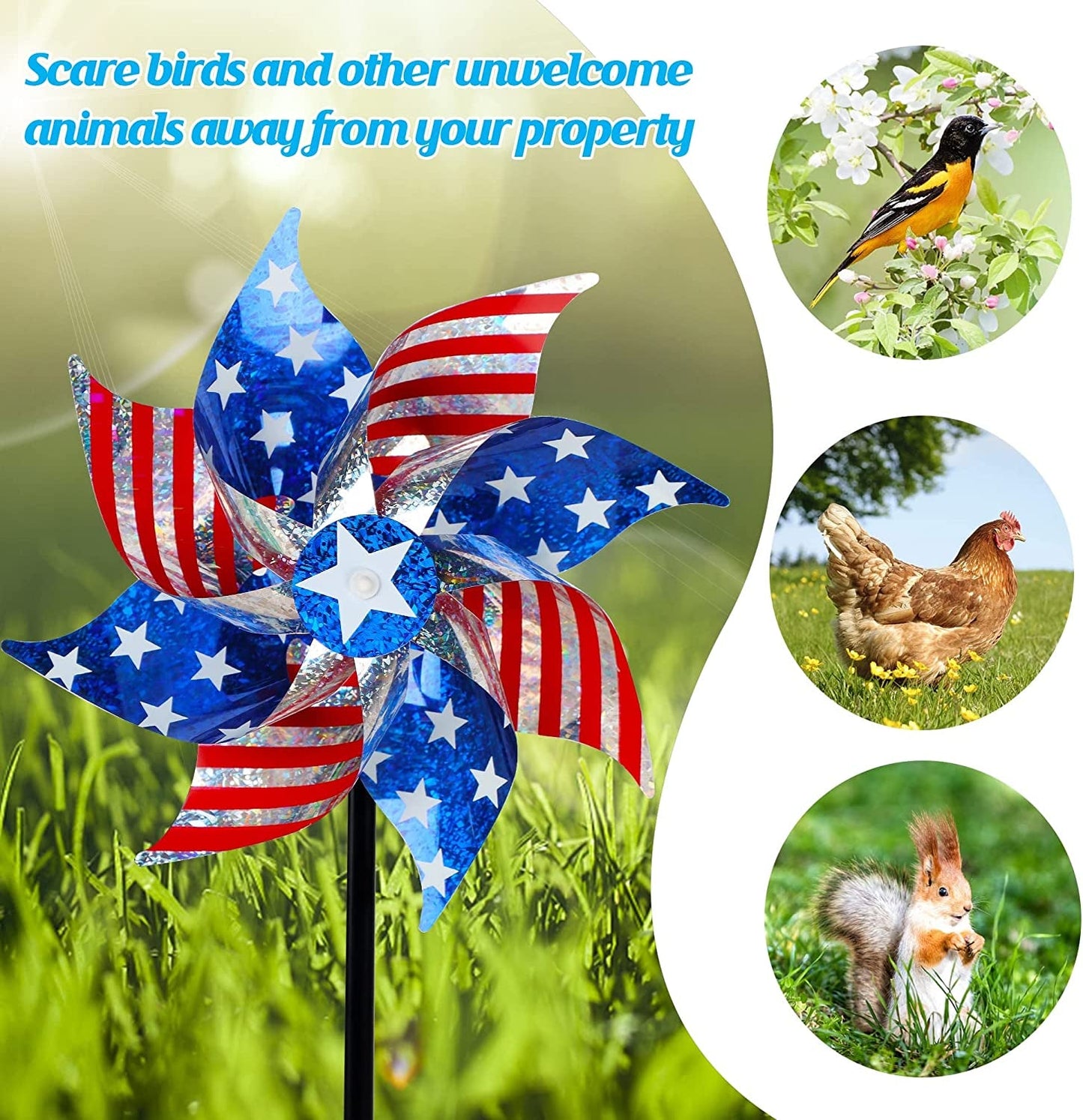 Skorter | 10 Pack Reflective Pinwheels Patriotic Decorations, American Flag on Pole Wind Spinner with Support for Independence Day, Memorial Day July 4th Party Supplies, Scare Birds Repellent Devices