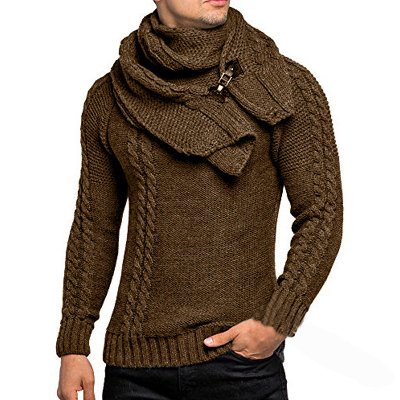 Men's stylish knitted sweater with chic collar and practical scarf Skorter