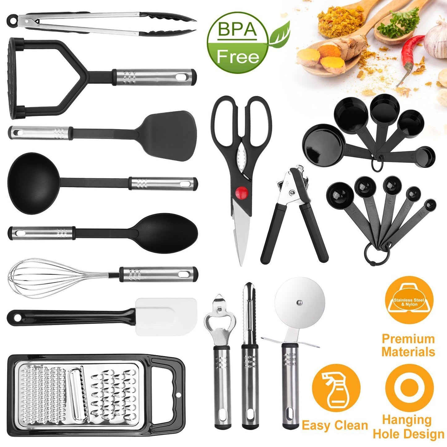 Skorter | 23-piece set: Kitchen Utensil Set Stainless Steel Nylon