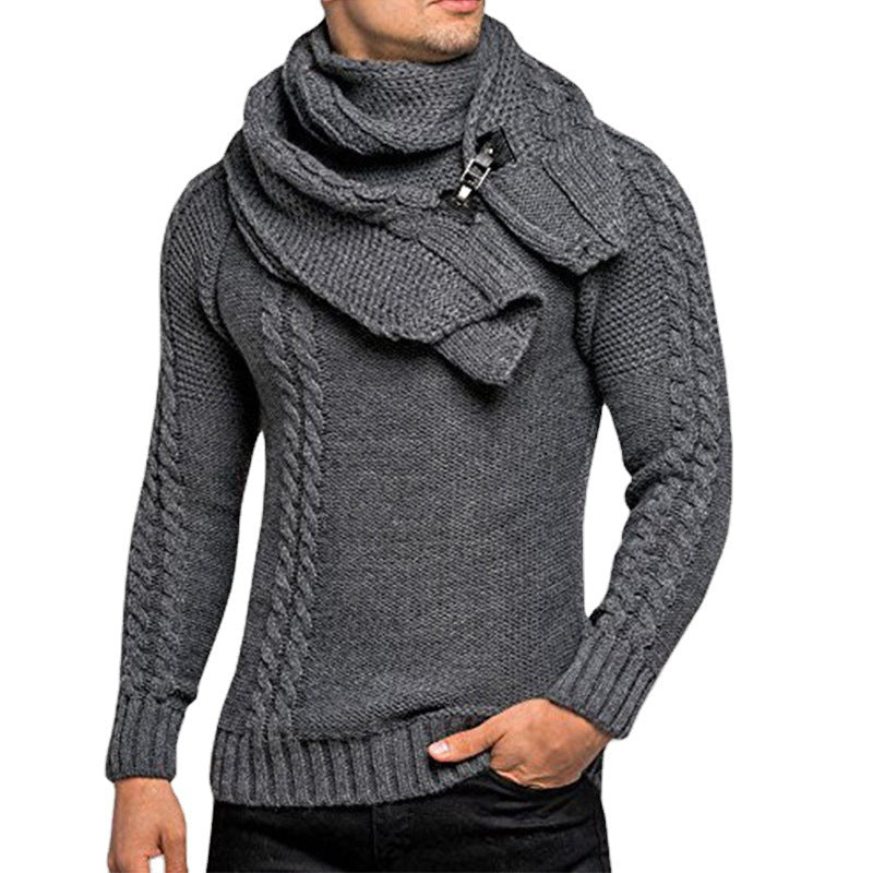 Men's stylish knitted sweater with chic collar and practical scarf Skorter