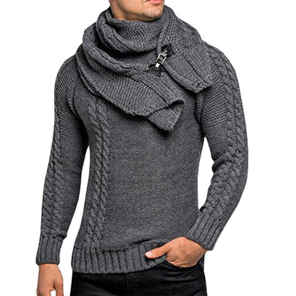 Men's stylish knitted sweater with chic collar and practical scarf Skorter