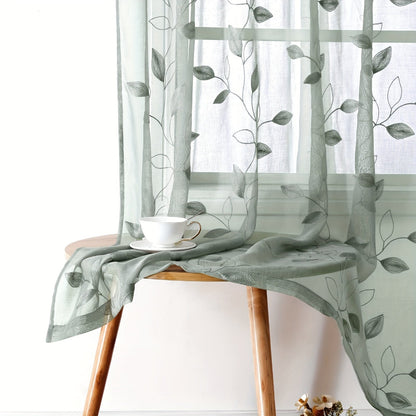 Skorter | Embroidered curtains with leaves - 2 pcs semi-transparent for bedroom and living room