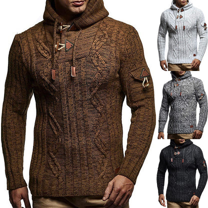 Men's chunky knit sweater with hood and decorative lace-up details Skorter