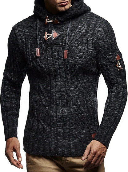 Men's chunky knit sweater with hood and decorative lace-up details Skorter