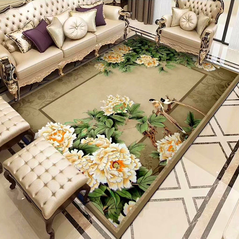 Skorter | Chinoiserie Flower Rug Multicolor Polypropylene Area Rug Non-Slip Back Pet-Friendly Easy Care Indoor Rug for Living Room