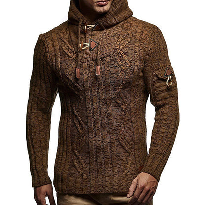 Men's chunky knit sweater with hood and decorative lace-up details Skorter