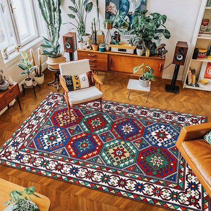 Skorter | eclectic tribal pattern rug multicolored polypropylene indoor rug non-slip backing pet-friendly area rug for the living room