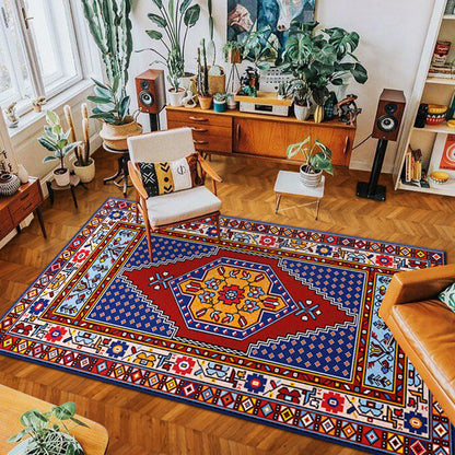 Skorter | eclectic tribal pattern rug multicolored polypropylene indoor rug non-slip backing pet-friendly area rug for the living room