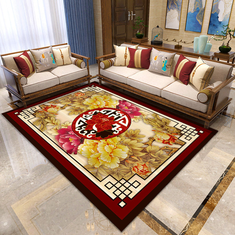 Skorter | Asian Living Room Carpet Multicolor Floral Printed Carpet Indoor Polypropylene Pet-Friendly Easy Care Area Rug
