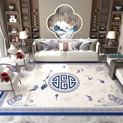 Skorter | Asian Living Room Carpet Multicolored Chinese Print Carpet Polyester Non-Slip Underlay Pet-Friendly Indoor Carpet