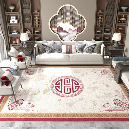 Skorter | Asian Living Room Carpet Multicolored Chinese Print Carpet Polyester Non-Slip Underlay Pet-Friendly Indoor Carpet