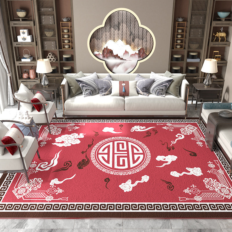 Skorter | Asian Living Room Carpet Multicolored Chinese Print Carpet Polyester Non-Slip Underlay Pet-Friendly Indoor Carpet