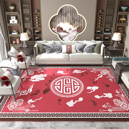 Skorter | Asian Living Room Carpet Multicolored Chinese Print Carpet Polyester Non-Slip Underlay Pet-Friendly Indoor Carpet