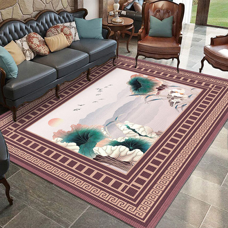 Skorter | Asian Living Room Rug Multicolored Flower Pattern Printed Rug Indoor Synthetic Non-Slip Back Easy Care Rug