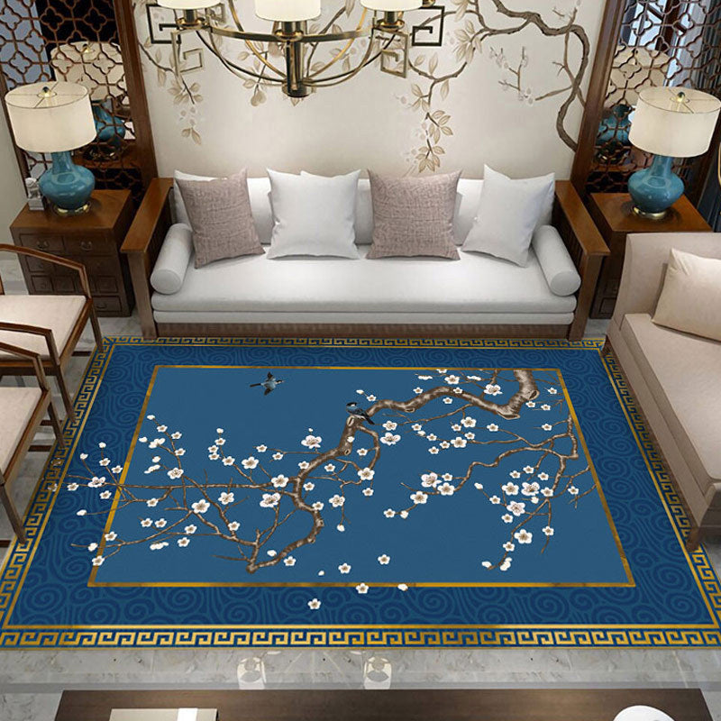 Skorter | Asian Living Room Rug Multicolored Flower Pattern Printed Rug Indoor Synthetic Non-Slip Back Easy Care Rug