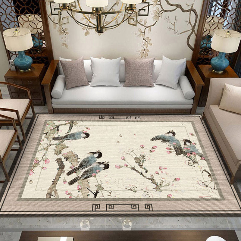 Skorter | Asian Living Room Rug Multicolored Flower Pattern Printed Rug Indoor Synthetic Non-Slip Back Easy Care Rug