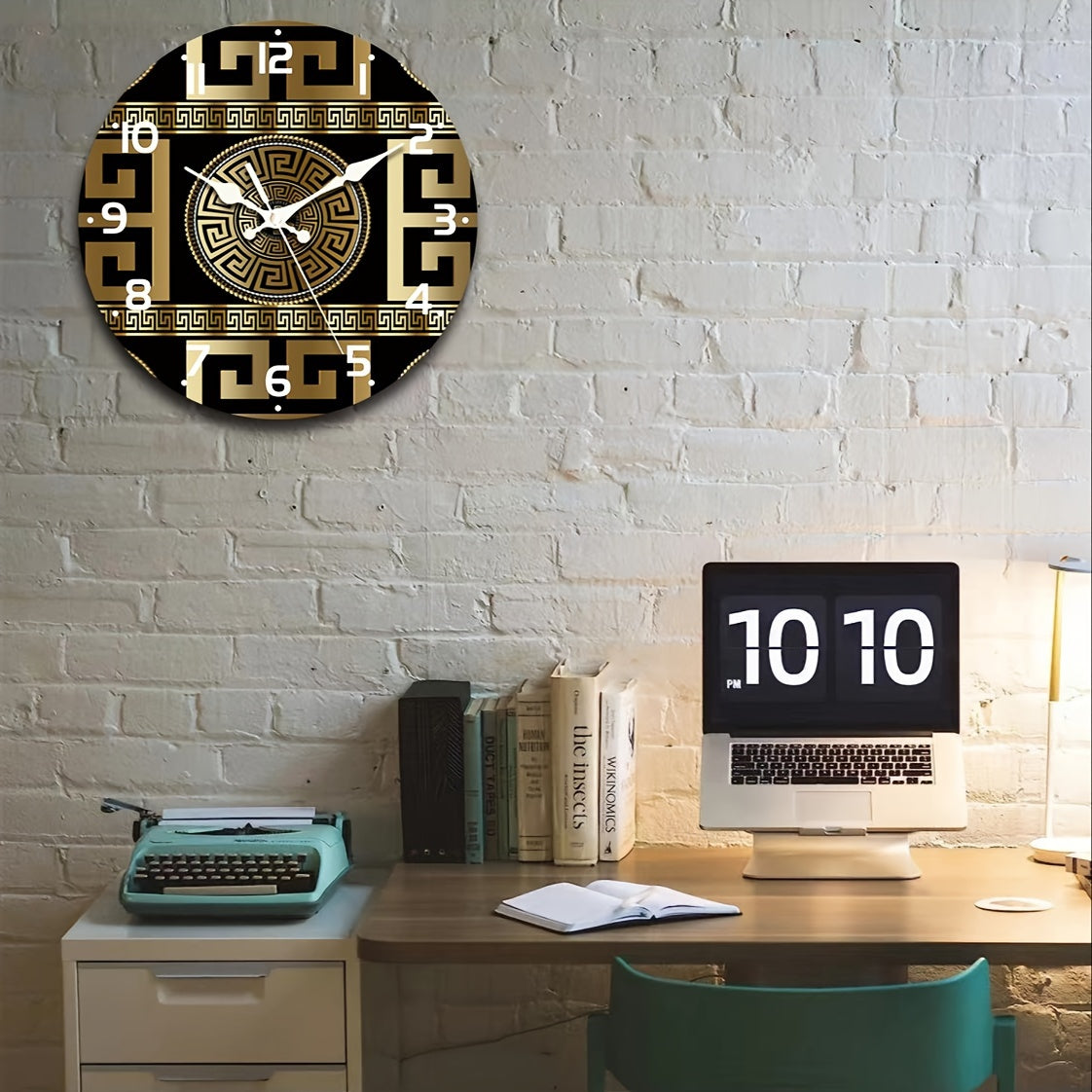 Skorter | Silent Non-Ticking Wooden Wall Clock - Greek Key Design, Quartz Mechanism