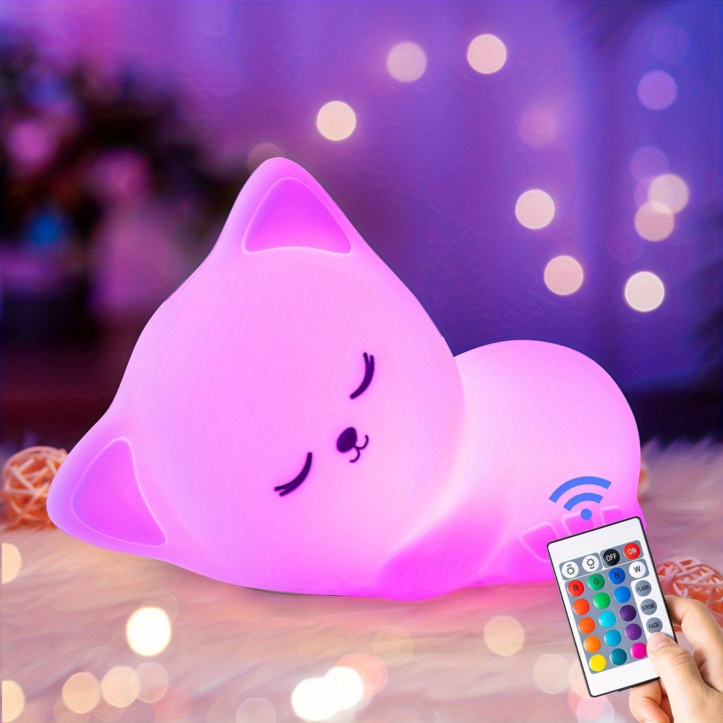Skorter | KittyGlow - Cute Cat Night Light with Remote Control and USB Rechargeable Silicone Lamp