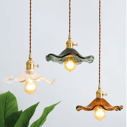 Skorter | Elegant Hibiscus Flower Pendant Light – Glass & Brass Hanging Lamp