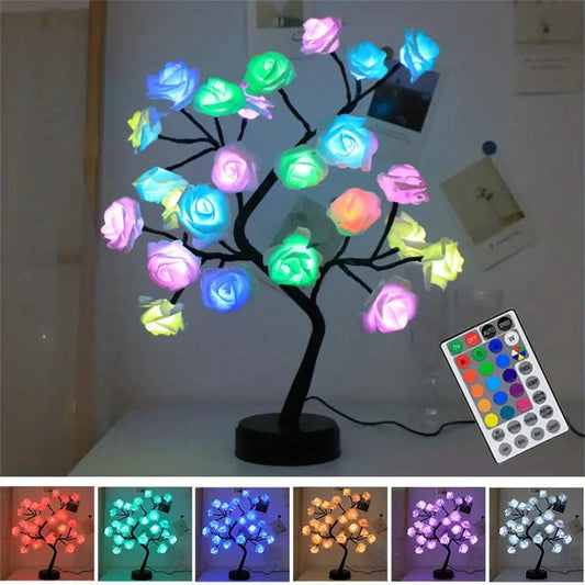 Skorter | 24 LED RGB 16 Colors Rose Wood Night Light Battery And USB Plug Operated Rose Flower Fairy Light Remote Control