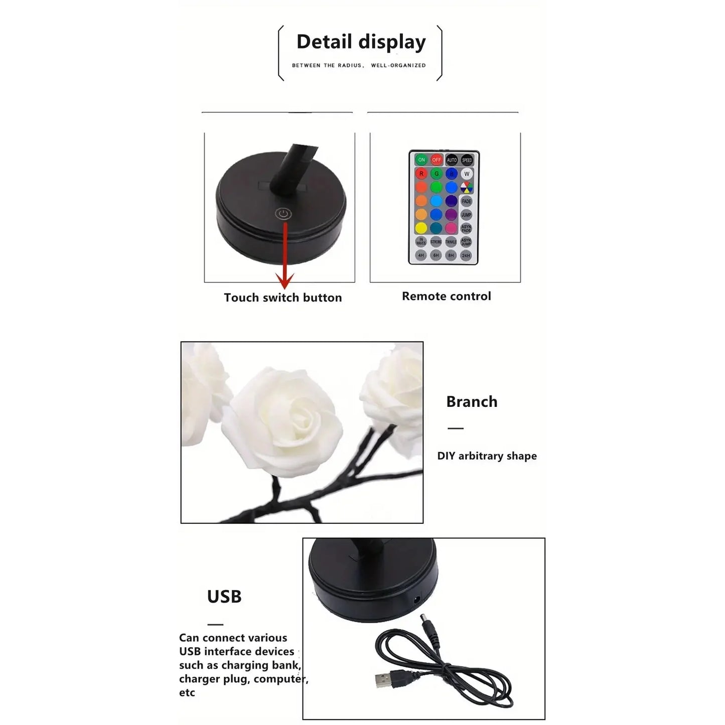 Skorter | 24 LED RGB 16 Colors Rose Wood Night Light Battery And USB Plug Operated Rose Flower Fairy Light Remote Control