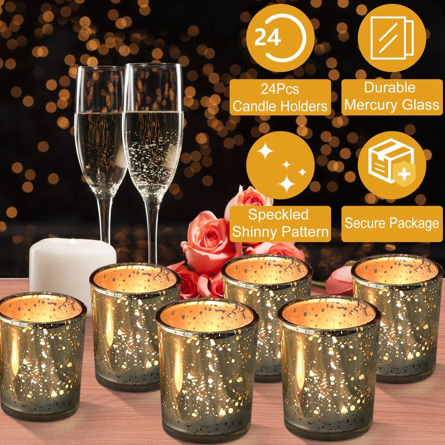 Skorter | 24-piece Gold Votive Tealights Candle Holder Mercury Glass