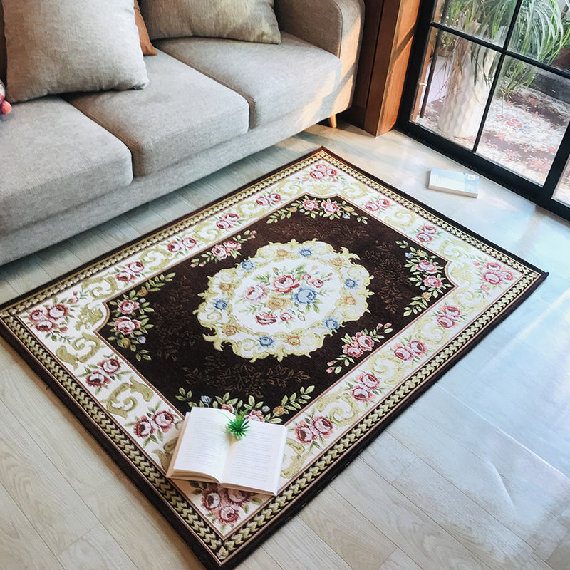 Skorter | Antique Living Room Rug Multicolor Flower Printed Area Rug Polyester Non-Slip Back Easy Care Indoor Rug