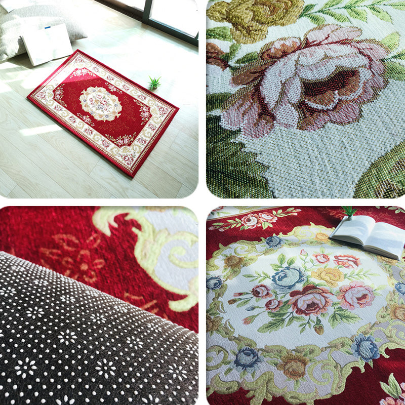 Skorter | Antique Living Room Rug Multicolor Flower Printed Area Rug Polyester Non-Slip Back Easy Care Indoor Rug