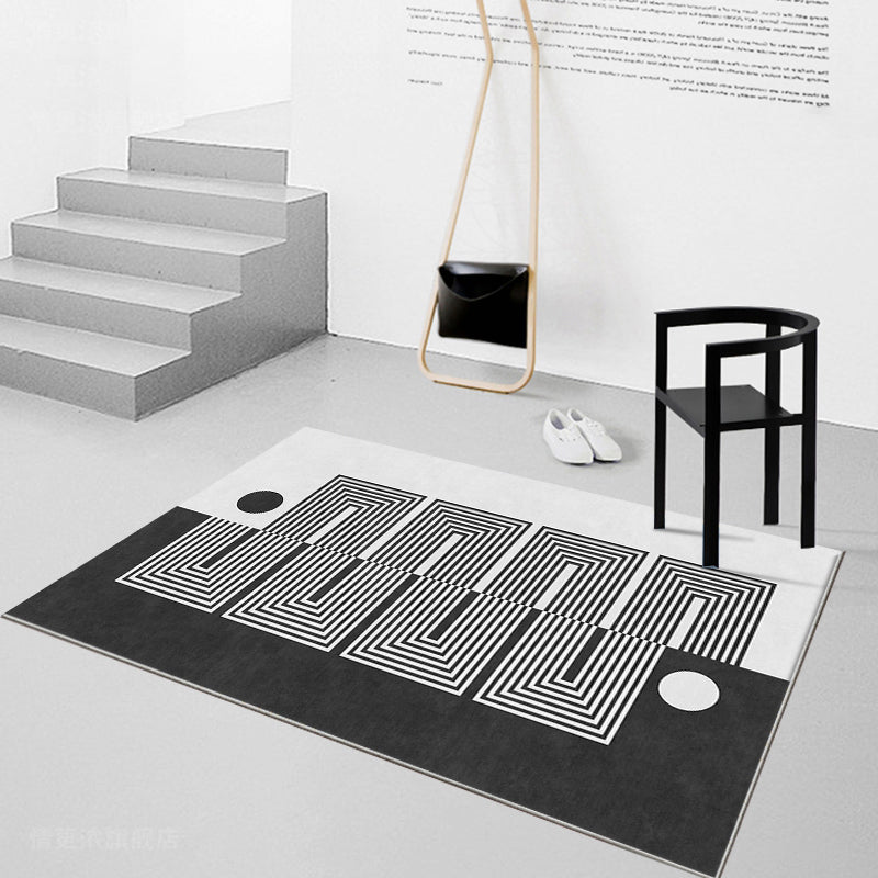 Skorter | Black Gray-White Striped Carpet Cotton Blend Novelty Area Rug Non-Slip Backing Machine Washable Indoor Rug for Room