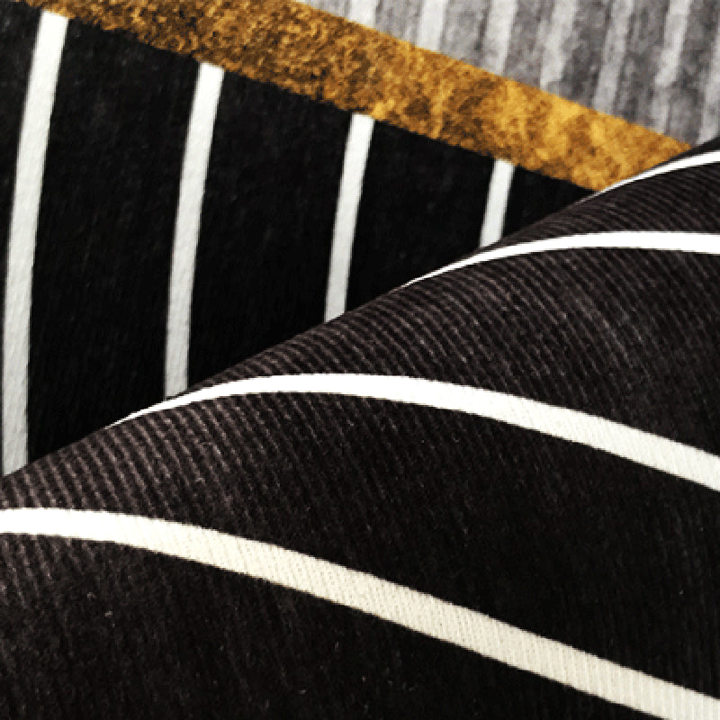Skorter | Black Gray-White Striped Carpet Cotton Blend Novelty Area Rug Non-Slip Backing Machine Washable Indoor Rug for Room