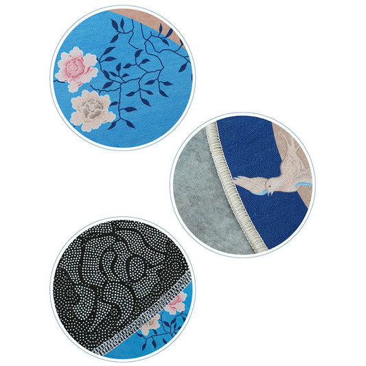 Skorter | Blue Flower Printed Rug Cotton Blend Vintage Rug with Non-Slip Backing Stain-Resistant Indoor Rug for Bedroom