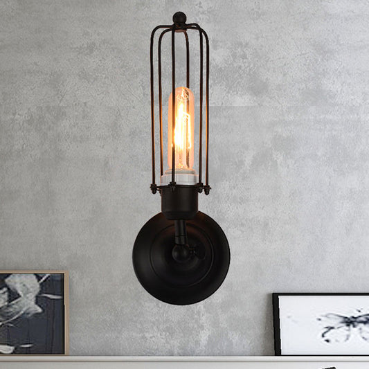 1/2-Bulb Linear Cage Sconce Lamp Industrial Black/Rust Metal Wall Light Fixture for Living Room
