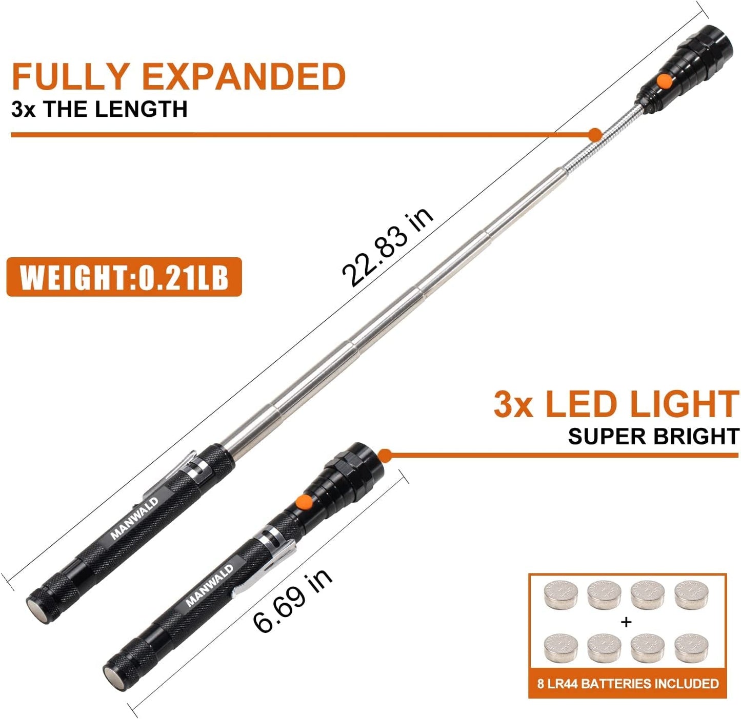 Skorter | Telescoping Magnetic Pickup Tool, LED Magnetic Flashlights with Extending Magnetic Rod, Birthday Gifts for Men, Father, Spouse, Craftsman, and Mechanic, Black