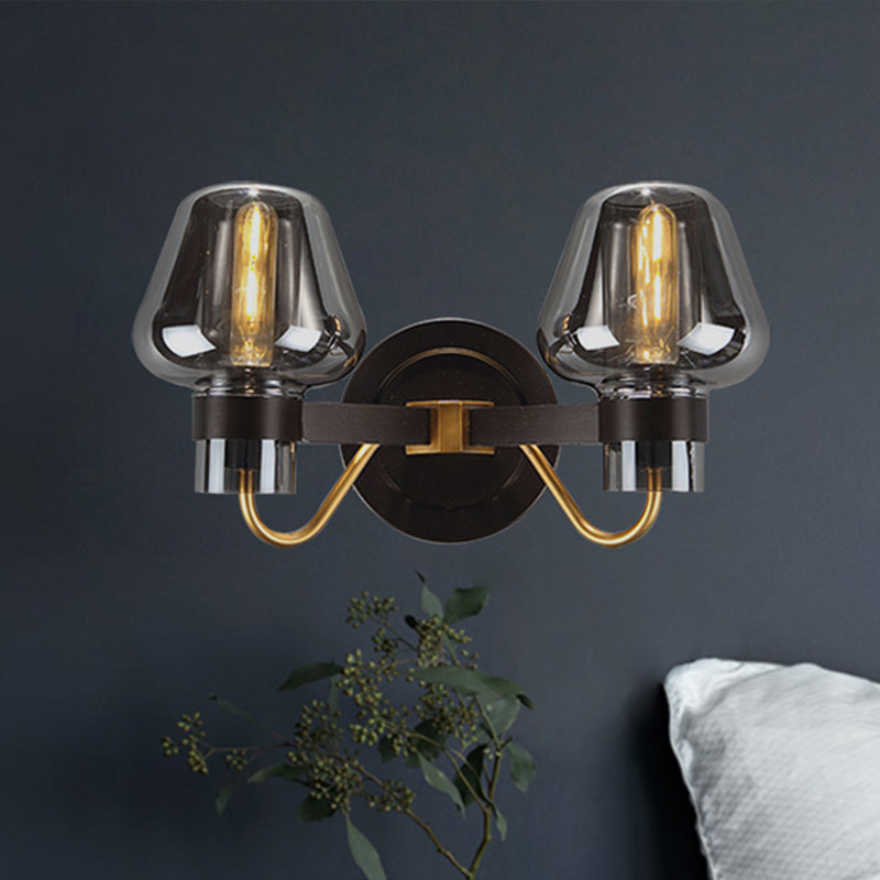 Skorter | 2-Light Wall Lighting with Mushroom Shade Smoke Glass Modern Bedroom Wall Lamp Lighting Fixture