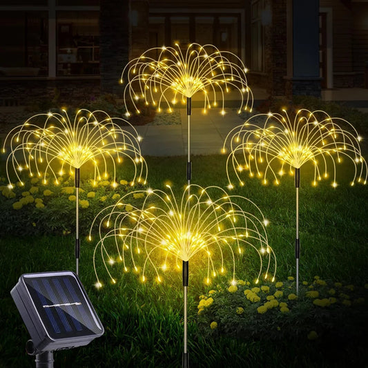Skorter | Outdoor sunlight, Solar firework lights, 4 pack solar garden lights with 120 LED hedge star lights 8 modes patio fairy lights for pathway lawn backyard decoration (Warm white)